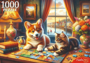 Пазл Рыжий Кот 1000 деталей: Кот и щенок за пазлами