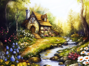 Картина интерьерная на стену, постер. Дом у ручья