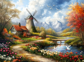 Картина интерьерная на стену, постер. Мельница у ручья