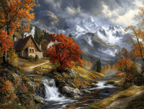 Картина интерьерная на стену, постер Домик в горах