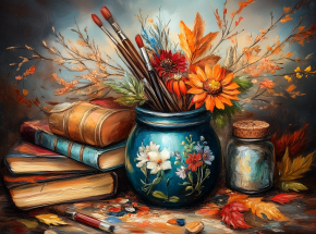 Картина интерьерная на стену, постер. Книги и цветы