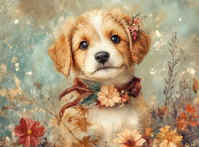 Картина интерьерная на стену, постер. Щенок на поляне