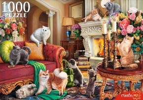Пазл Рыжий Кот 1000 деталей: Британские кошки в гостиной