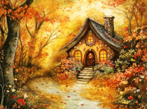 Картина интерьерная на стену, постер. Осень и коттедж