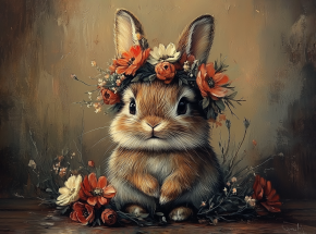 Картина интерьерная на стену, постер. Кролик и цветы