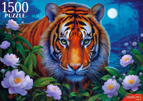Пазл Рыжий Кот 1500 деталей: Ночной тигр в цветах
