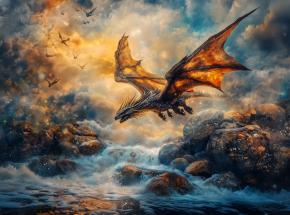 Картина интерьерная на стену, постер. Дракон над рекой