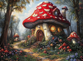 Картина интерьерная на стену, постер. Домик-мухомор